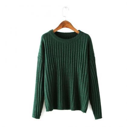 Loose Round Neck Long-sleeved Striped Sweater on Luulla