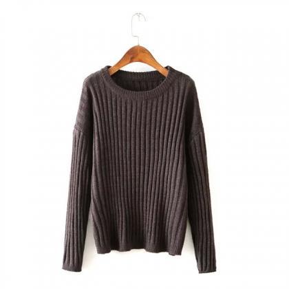 Loose Round Neck Long-sleeved Striped Sweater on Luulla