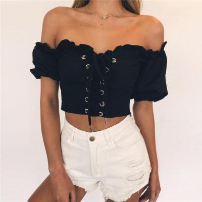 Ruffle Accent Off-The-Shoulder Lace-Up Crop Top