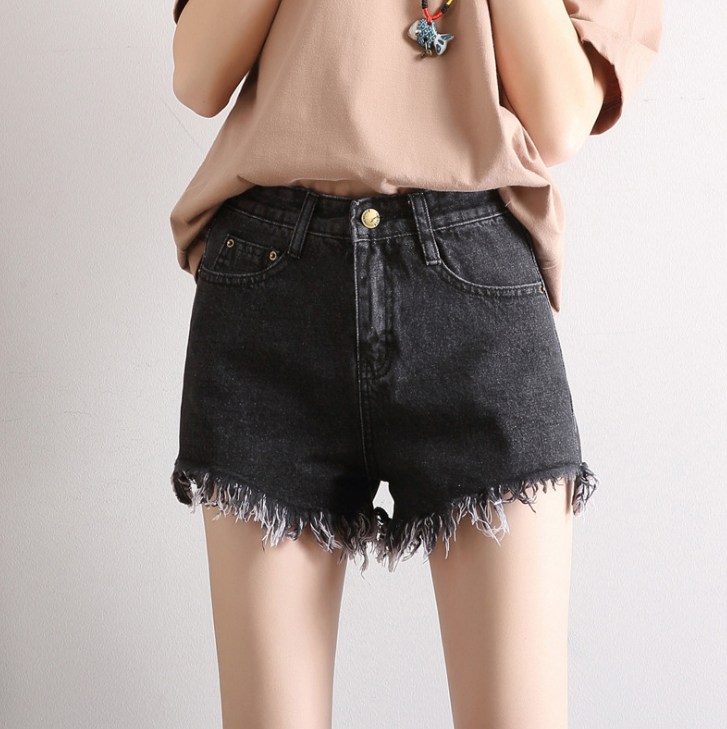 High Waisted Denim Shorts Featuring Frayed Hem on Luulla