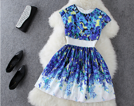 Fashion Printed Round Neck Short-sleeved Dress Two-piece #100313HK on ...