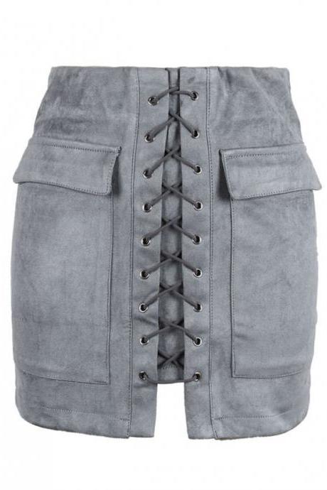 Grey Faux Suede Lace Up Front Pencil Mini Skirt