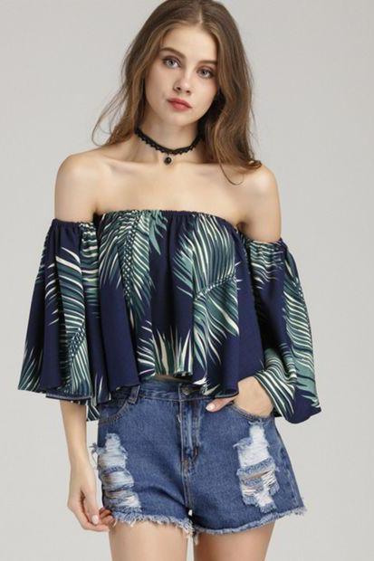 Palm Leaf Print Chiffon Off-the-shoulder Flare-sleeved Blouse