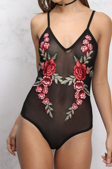 Black Mesh Floral Embroidered Plunge V Bodysuit